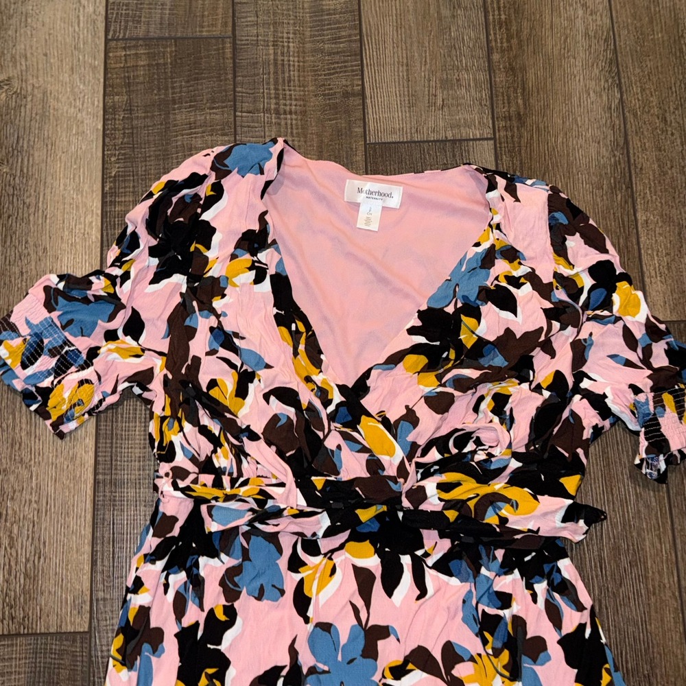 Motherhood Maternity Pink Floral V-Neck Wrap Maxi Dress Small Short Sleeve - Picture 7 of 7